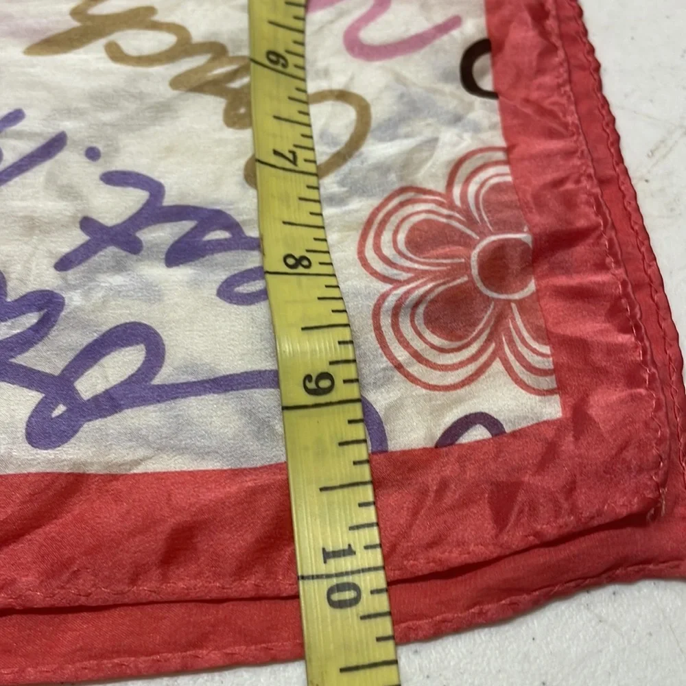 Coach Cream Silk Scarf with Red Border and Multicolor Script - Picture 7 of 9